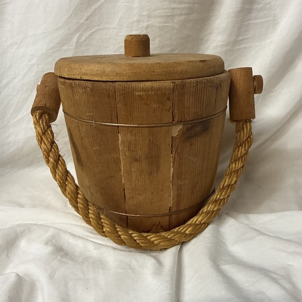 Vintage Wooden Firkin Sugar Bucket Copper Wire Band Rope Well Pail Cottagecore